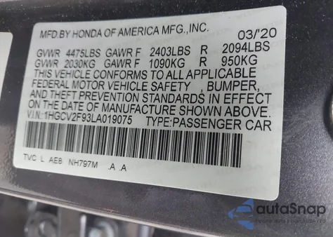 2020 Honda Accord Touring from USA, damaged, VIN 1HGCV2F93LA019075